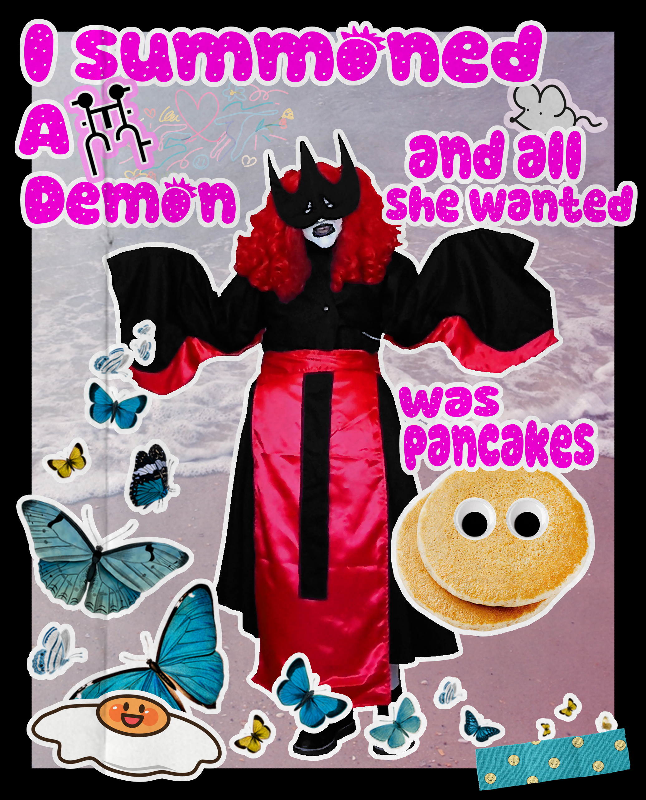 white face, black fork prong mask, red waist dressing that goes down to bottom of black skirt, fork bottom on the red waist dressing, black and red waved sleeves' 