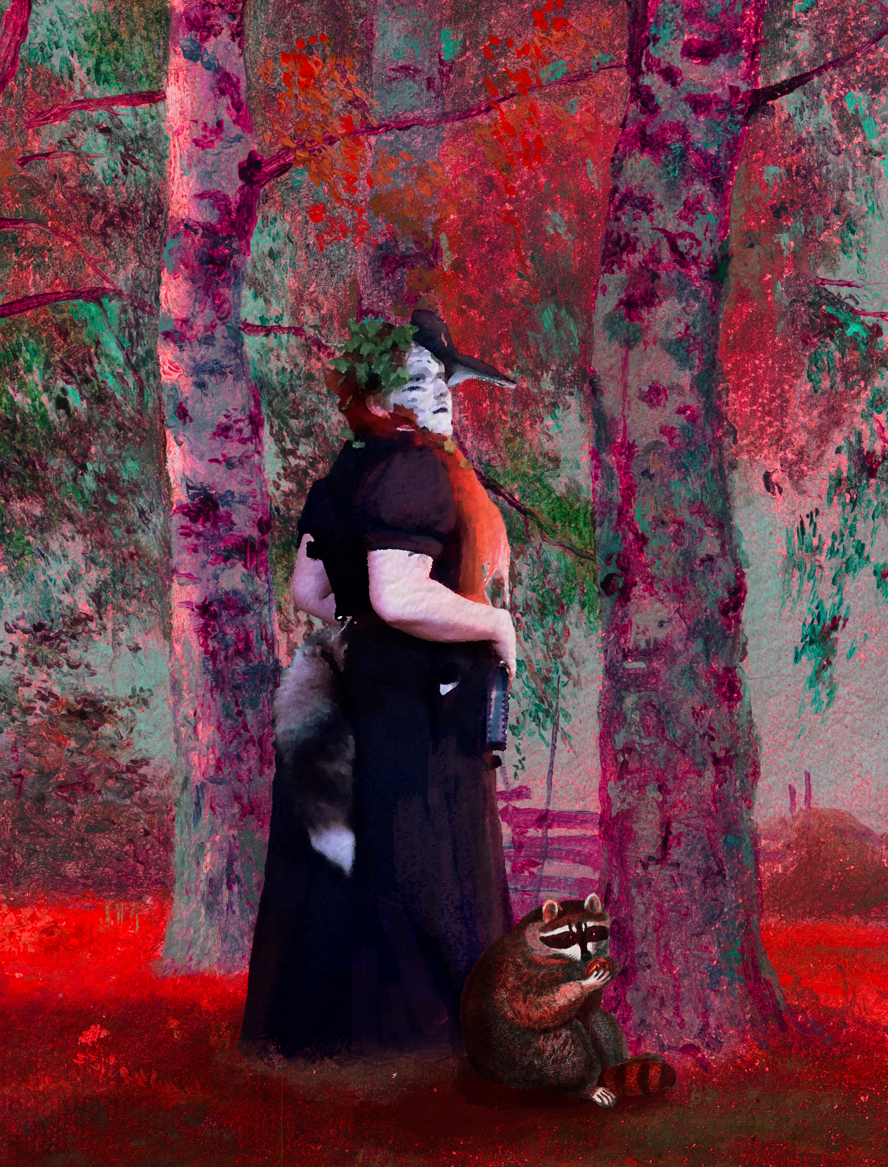 White face paint that resembles the eyes of a birch tree, black calf length skirt, black blouse, skin is exposed, I am wearing a fox tail and I have ivy around a red wig that adorns a raven mask