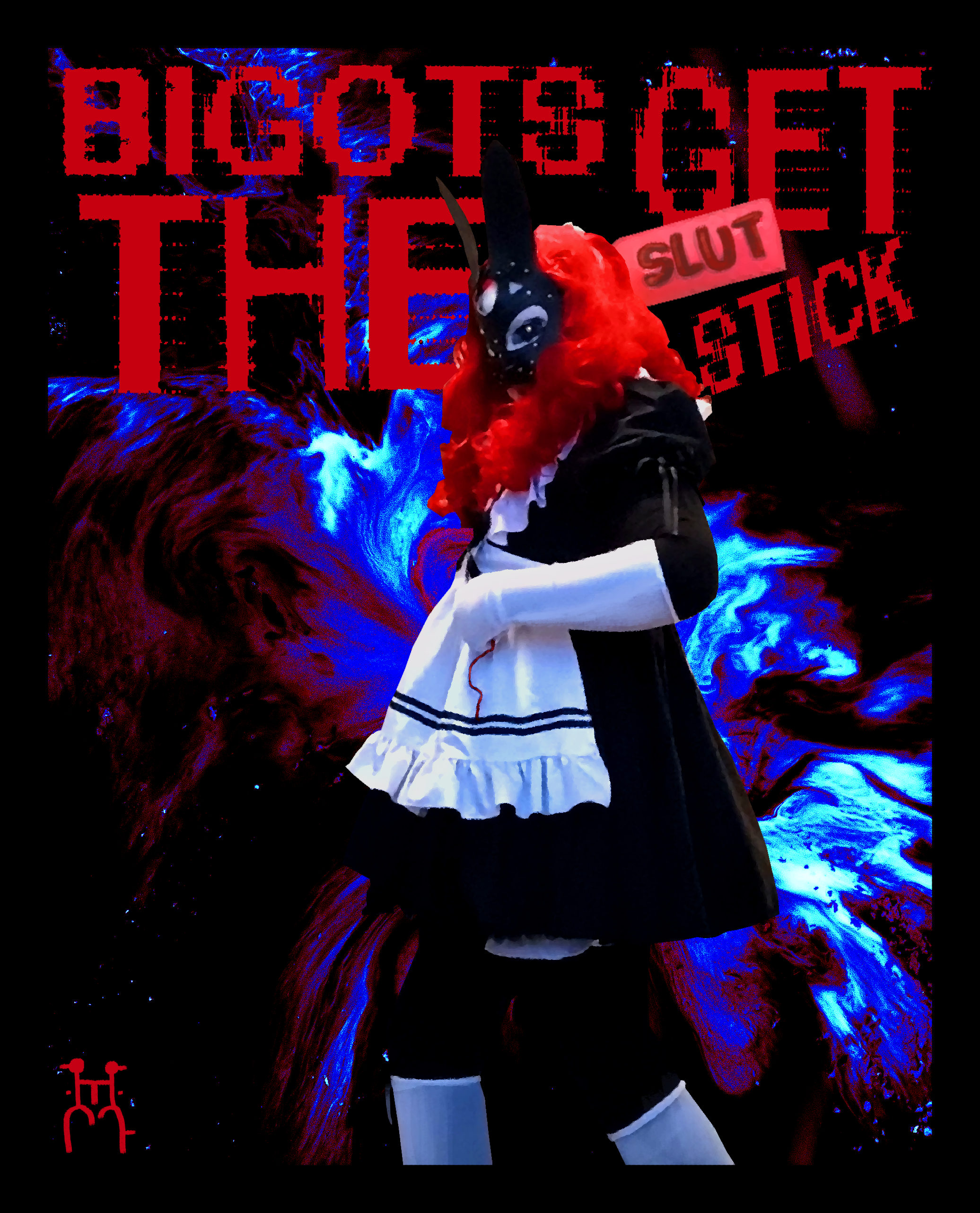 white and black bunny maid, head has a leather mask, she is holding a paddle with the word slut on it, the words above say,'Bigots get the Slut Stick'