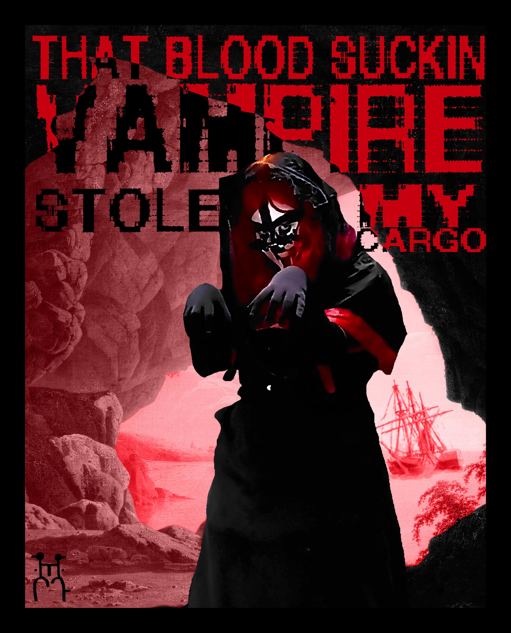 white and black vampire with black cross made of face paint on entire face, she is stalking the watcher with the text 'that blood suckin vampire stole my cargo' 